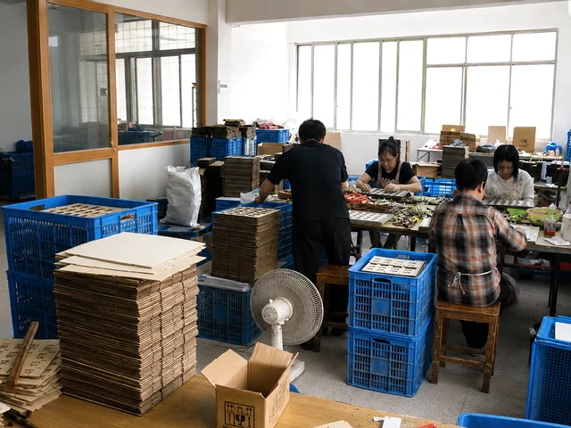Keren Crafts employees assembling seasonal decorations with bulk wooden components and blue production bins