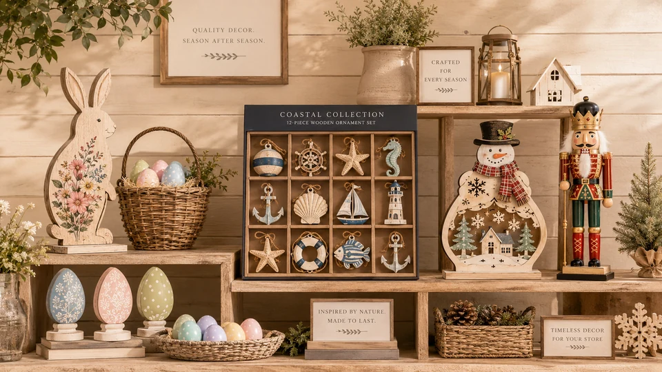 All-season wooden and mixed-material decor collection featuring Easter, coastal and Christmas product programs by Keren Crafts