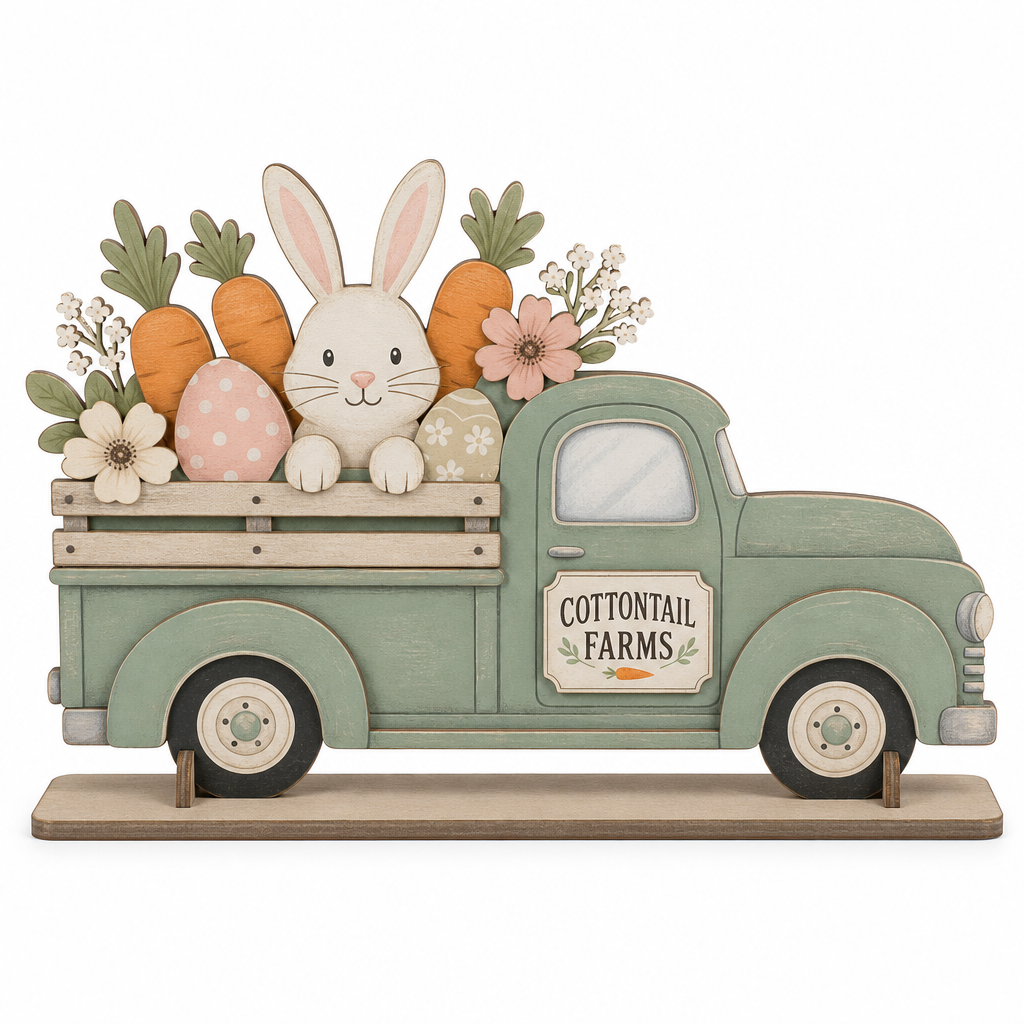 Easter Bunny Pickup Truck Wooden Tabletop Decoration - KRA-EAS-20260005