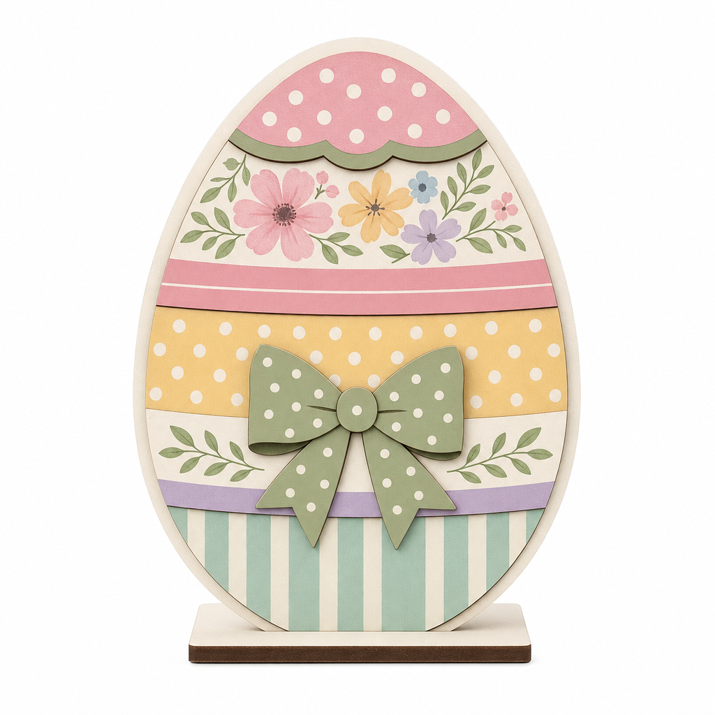 Floral Easter Egg Wooden Tabletop Decoration with Bow - KRA-EAS-20260008