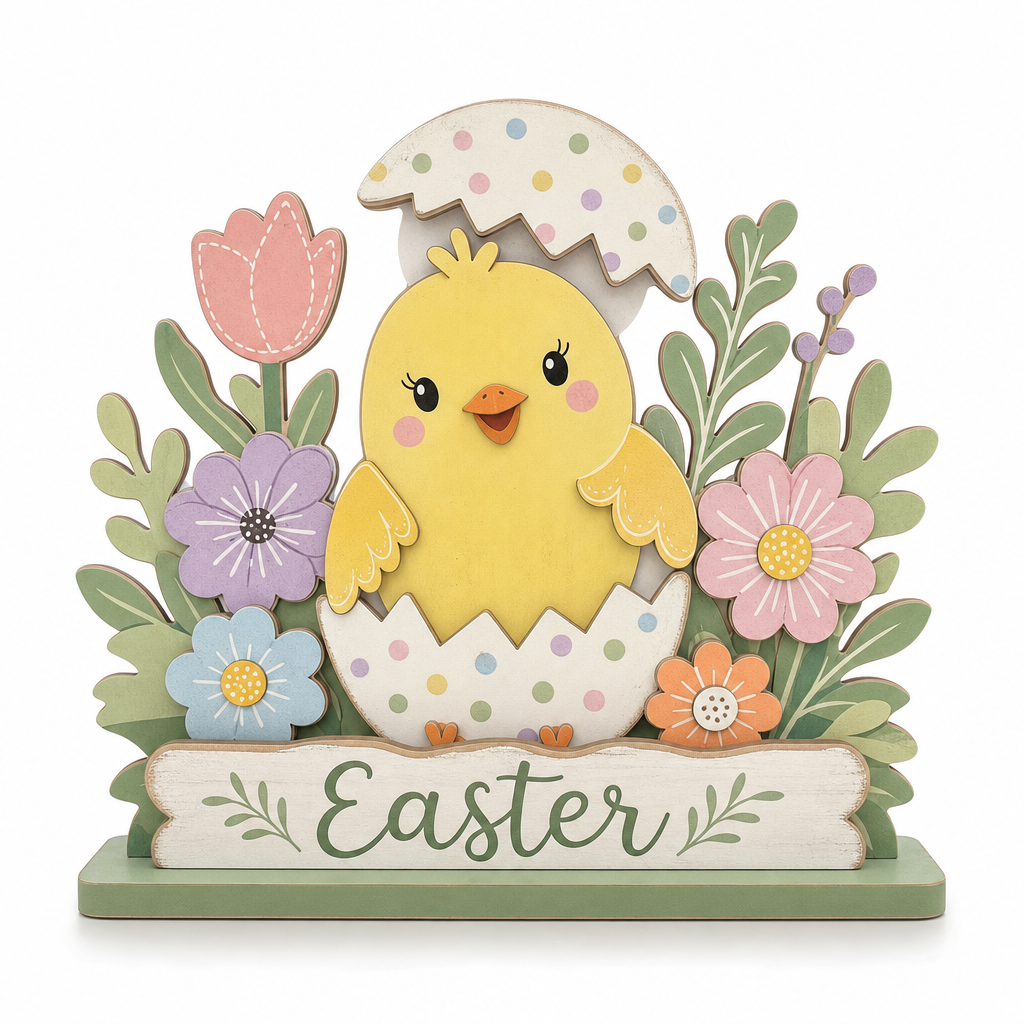 Easter Chick in Egg Floral Wooden Tabletop Decoration - KRA-EAS-20260010