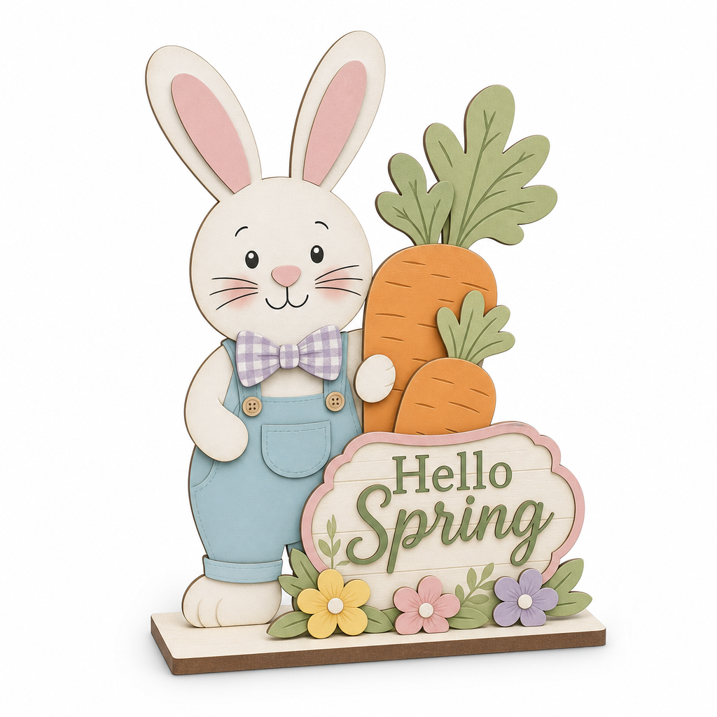 Hello Spring Bunny and Carrot Wooden Tabletop Decoration - KRA-EAS-20260013