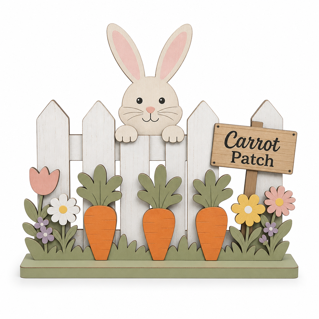 Carrot Patch Bunny Fence Wooden Tabletop Decoration - KRA-EAS-20260020