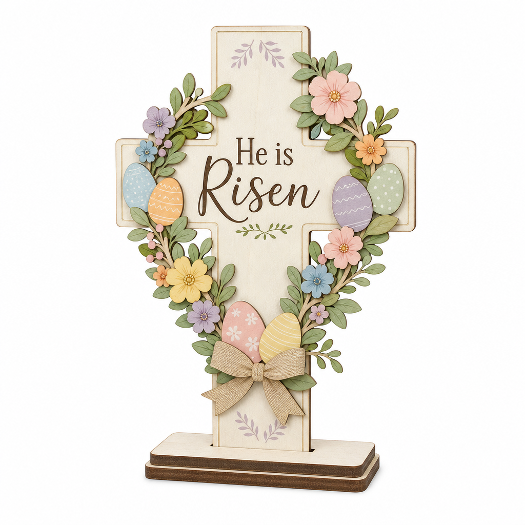 He Is Risen Floral Cross Wooden Tabletop Decoration - KRA-EAS-20260022