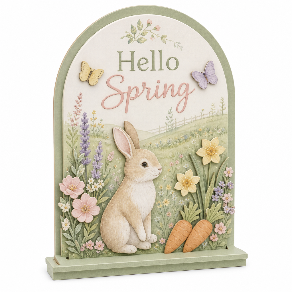 Hello Spring Meadow Bunny Wooden Tabletop Sign - KRA-EAS-20260025