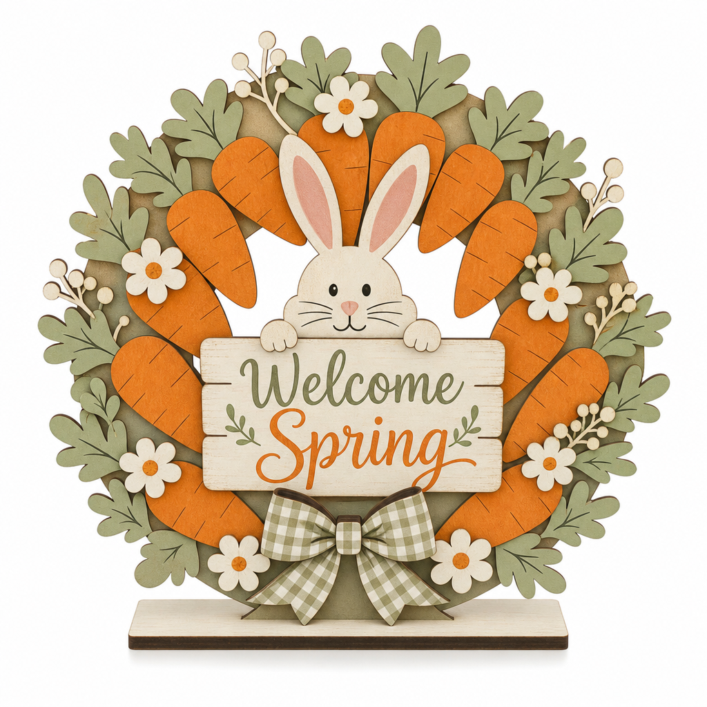 Welcome Spring Bunny Carrot Wreath Wooden Tabletop Decoration - KRA-EAS-20260030