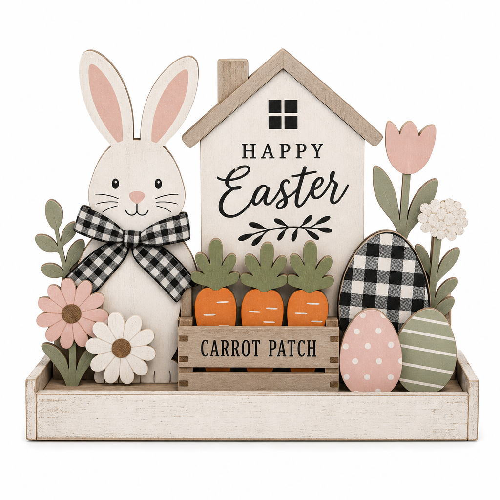 Happy Easter Bunny Carrot Patch Wooden Tabletop Decoration - KRA-EAS-20260034