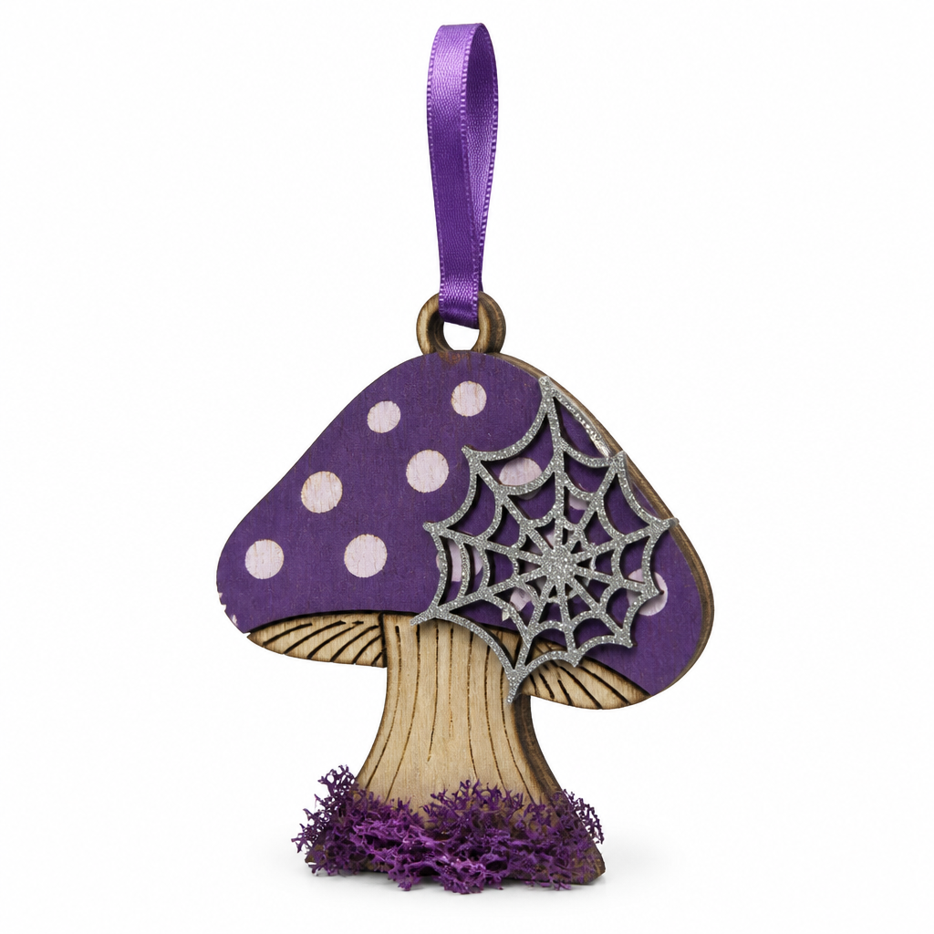 Purple Mushroom Spiderweb Halloween Wooden Hanging Ornament - KRA-HAL-0055