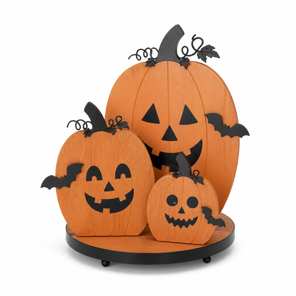 Jack-o'-Lantern Pumpkin Trio Wooden Tabletop Decoration - KRA-HAL-0086