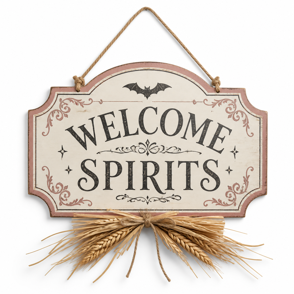 Welcome Spirits Halloween Wooden Hanging Sign with Raffia Accent - KRA-HAL-0126