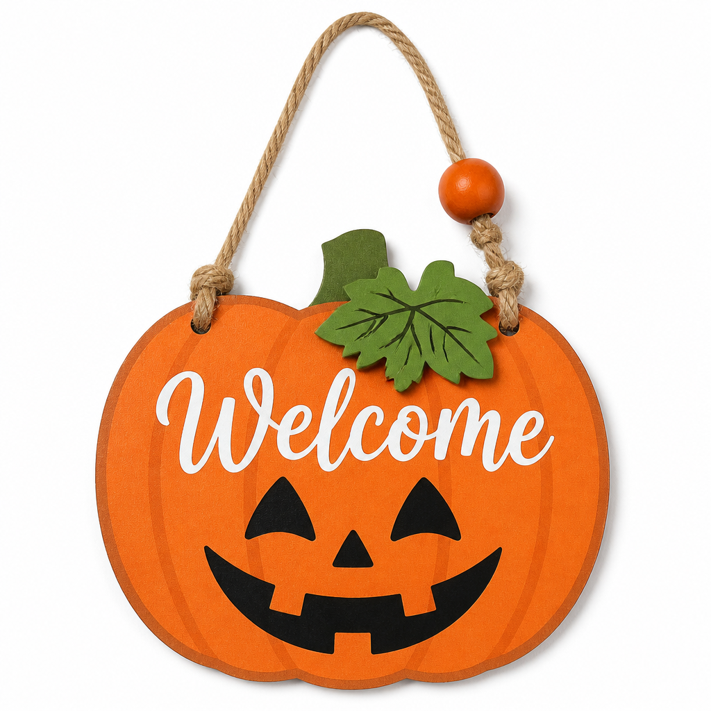 Welcome Jack-o'-Lantern Wooden Hanging Sign - KRA-HAL-0206