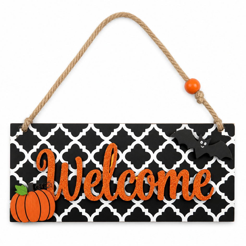 Welcome Pumpkin Pattern Wooden Hanging Sign - KRA-HAL-0217