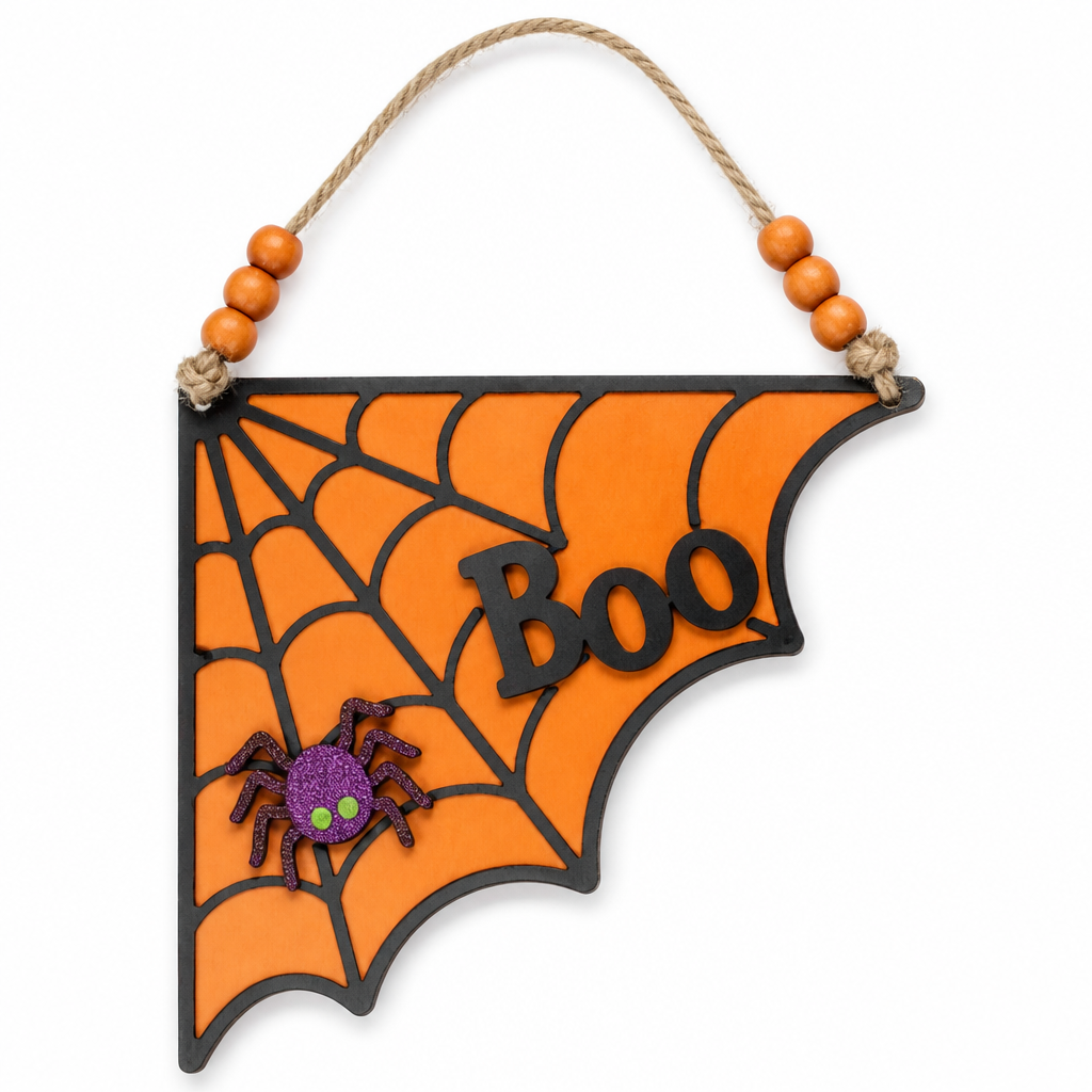 Boo Spiderweb Corner Wooden Hanging Sign - KRA-HAL-0222
