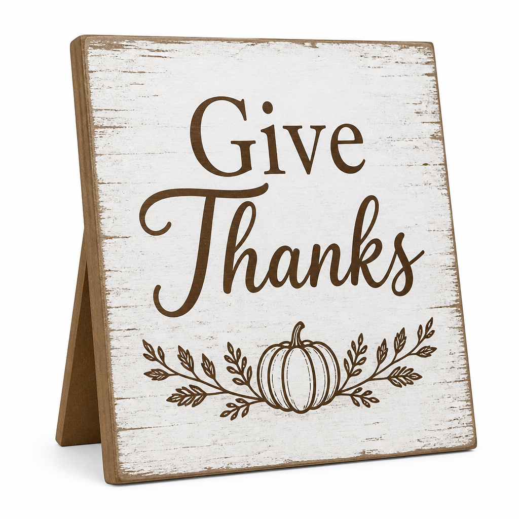 Give Thanks Pumpkin Wooden Tabletop Sign - KRA-HAR-0036