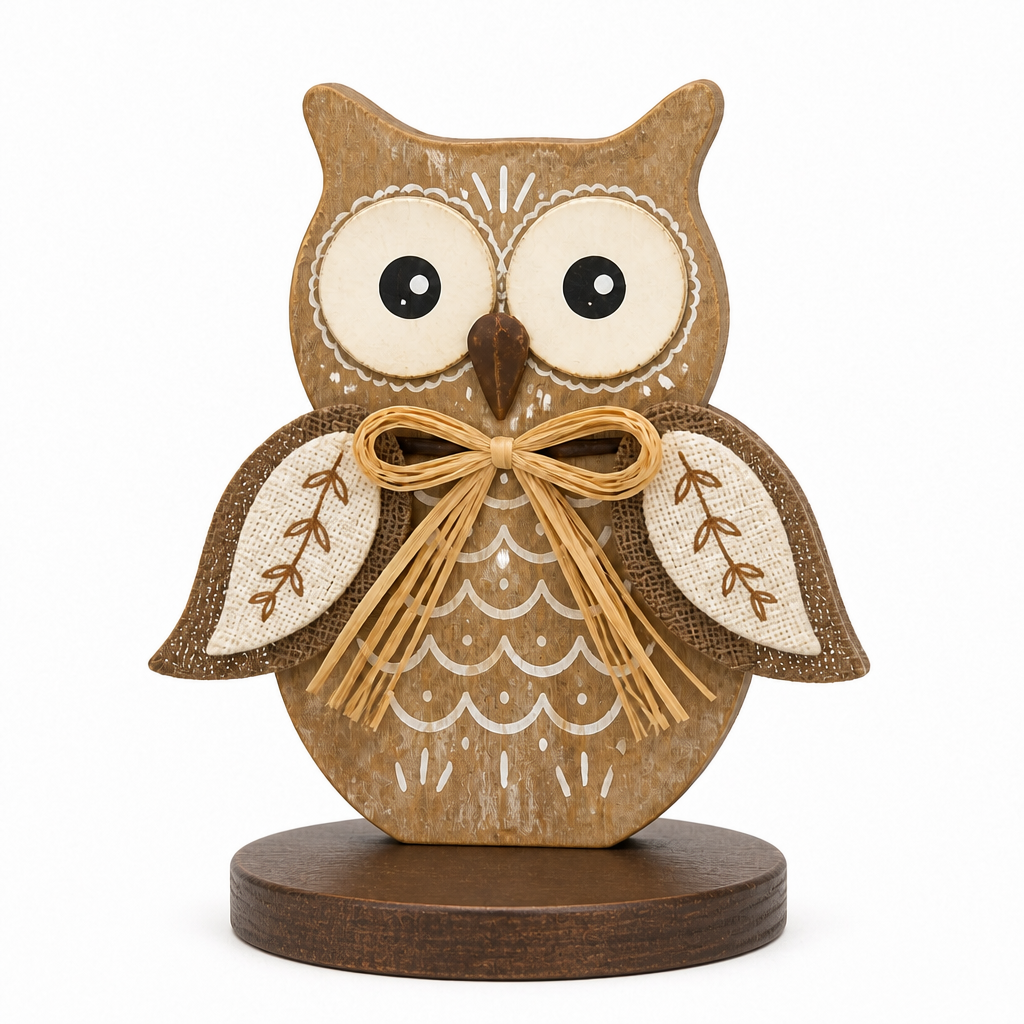 Rustic Owl Wooden Tabletop Decoration with Rope Bow - KRA-HAR-0112