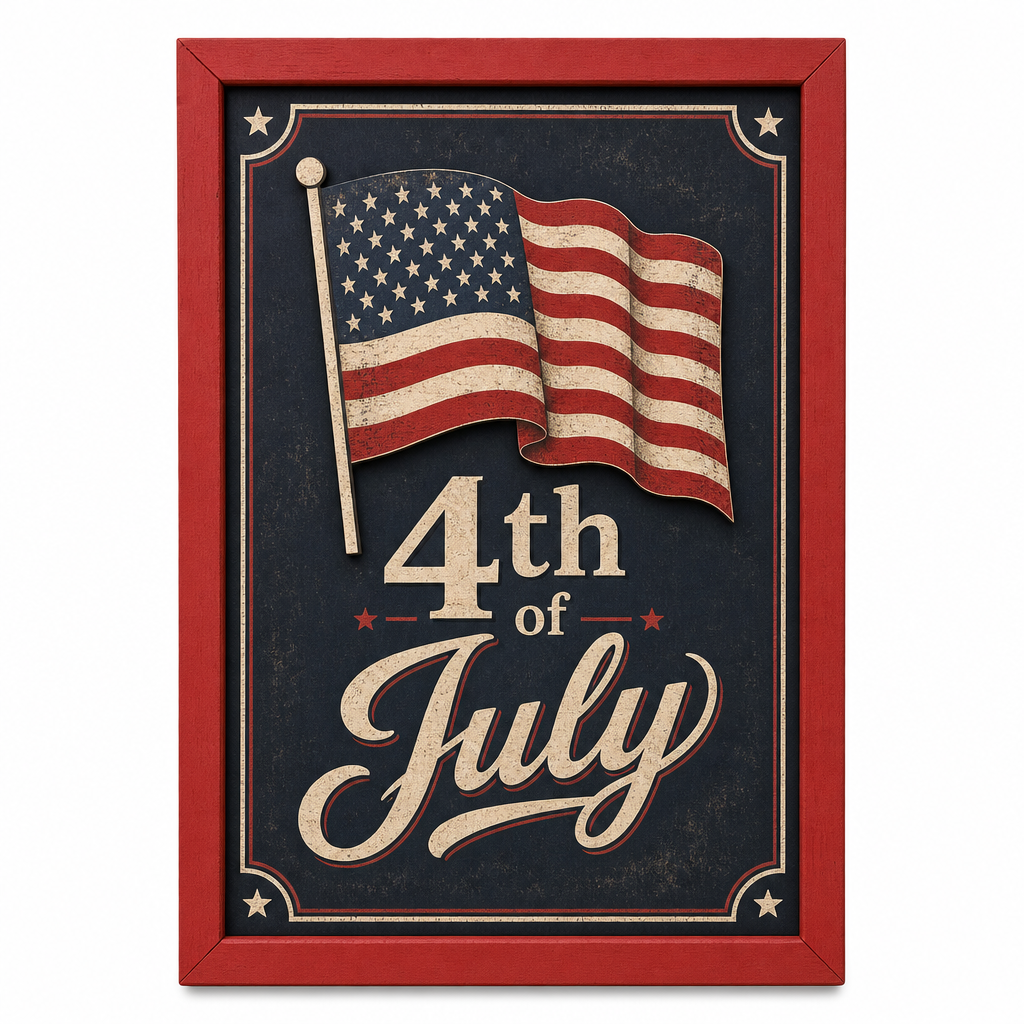 4th of July American Flag Wooden Framed Sign - KRA-IND-20260004