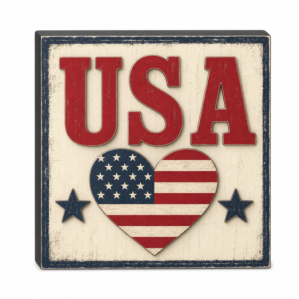 USA Heart Patriotic Wooden Tabletop Sign - KRA-IND-20260008