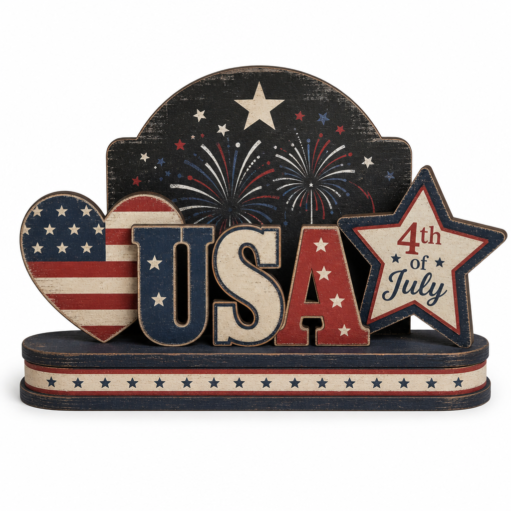 USA 4th of July Patriotic Wooden Tabletop Decoration - KRA-IND-20260015