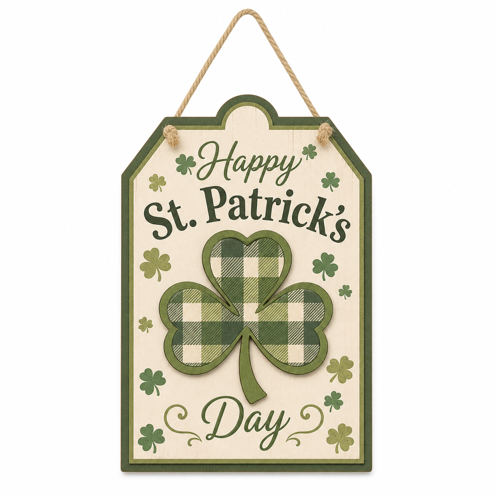 Happy St. Patrick's Day Plaid Shamrock Wooden Hanging Sign - KRA-IRE-20260010
