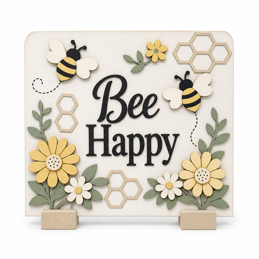 Bee Happy Floral Wooden Tabletop Sign - KRA-SPR-20260003