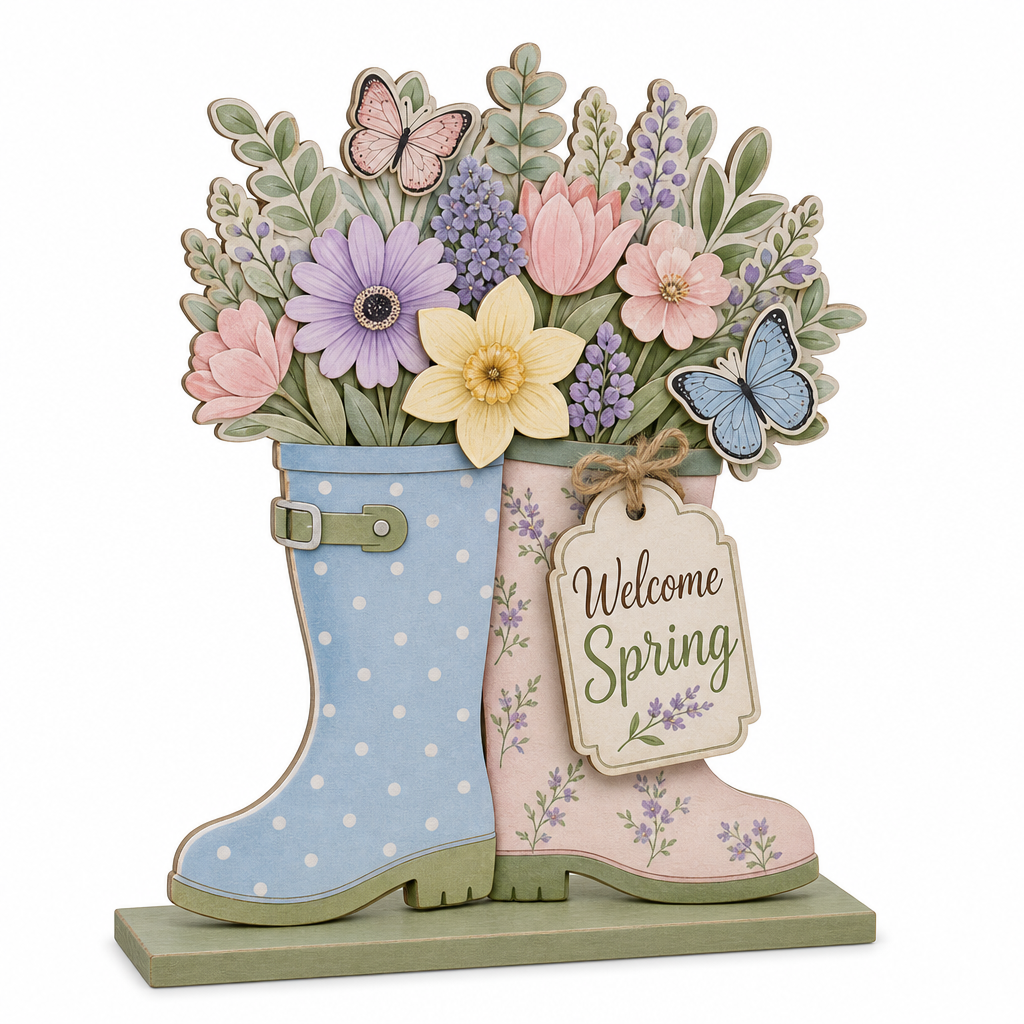 Spring Flower Boot Wooden Tabletop Decoration - KRA-SPR-20260004
