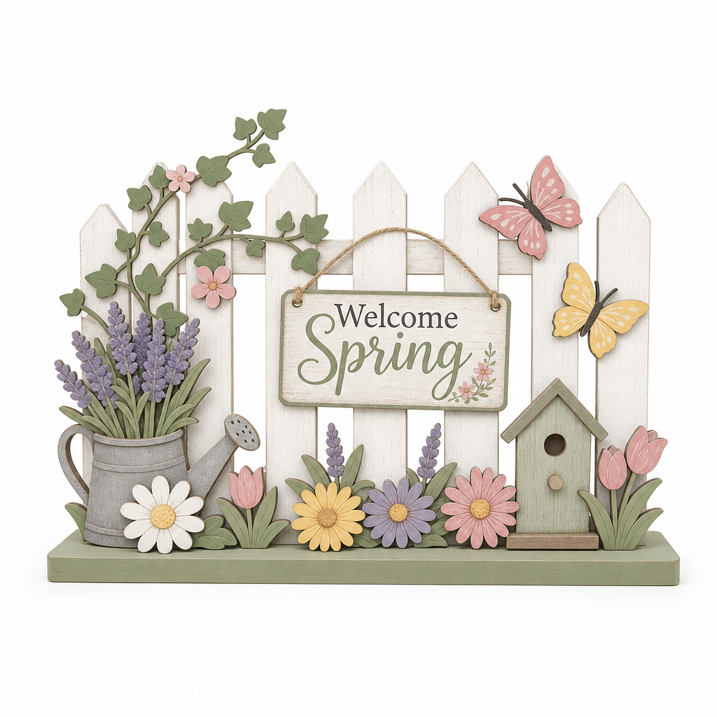 Welcome Spring Garden Fence Wooden Tabletop Decoration - KRA-SPR-20260007