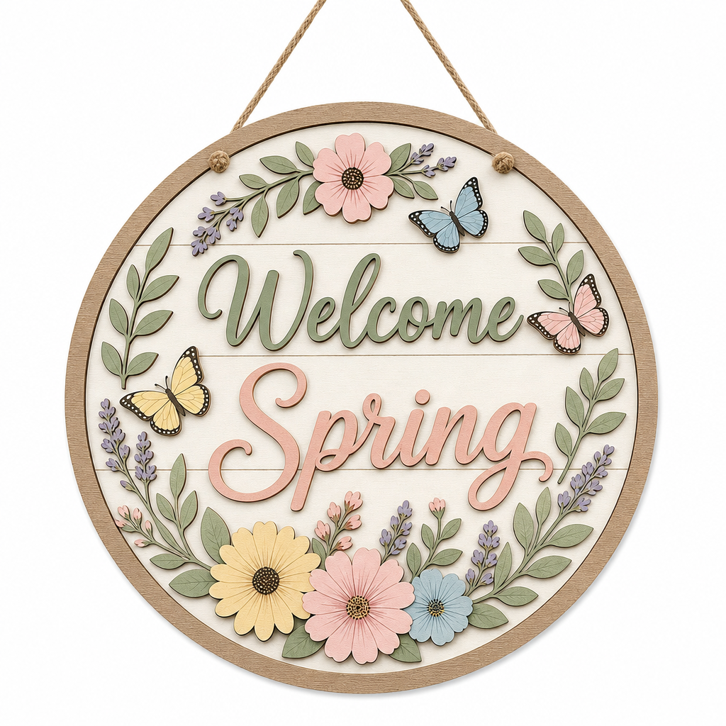 Welcome Spring Butterfly Round Wooden Hanging Sign - KRA-SPR-20260008