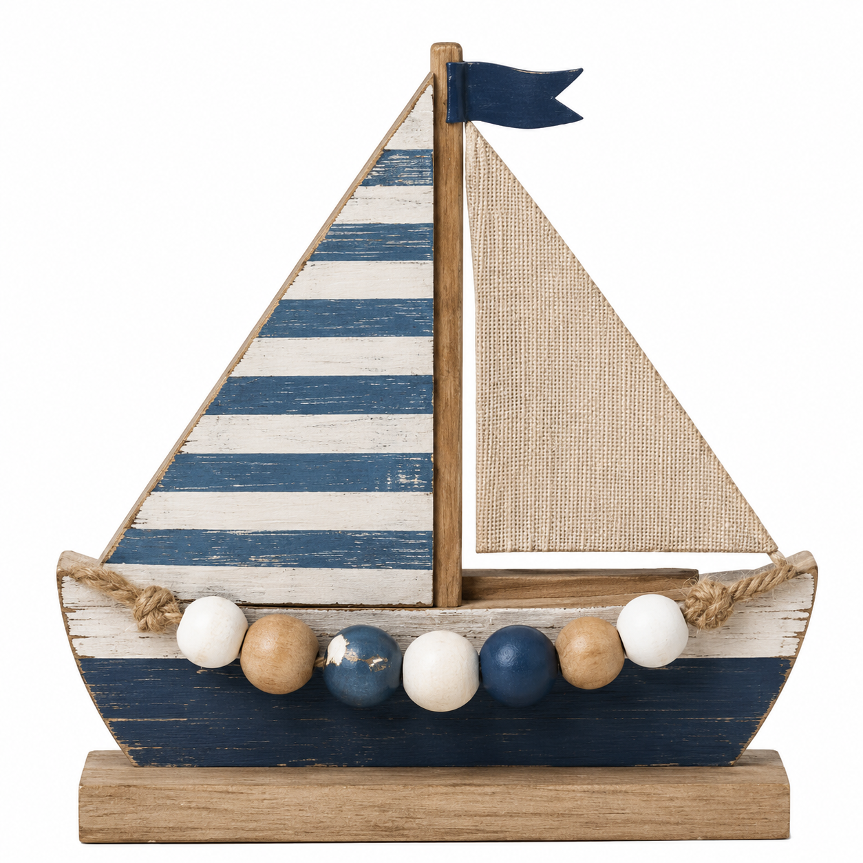 Striped Coastal Sailboat Wooden Tabletop Decoration with Beads - KRE-MA-0128