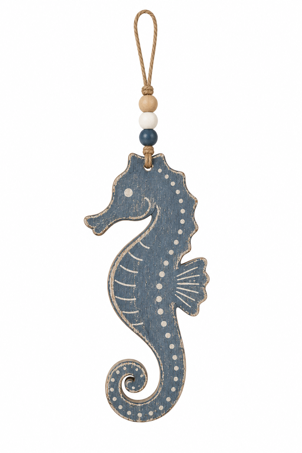 Blue Wooden Seahorse Hanging Ornament with Beads - KRE-MA-0131