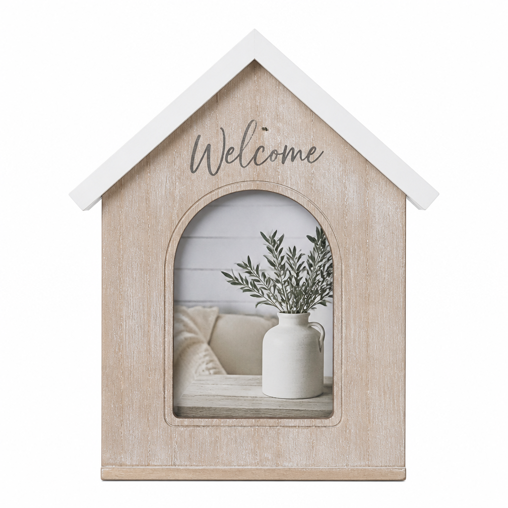 House-shaped wooden tabletop photo frame with Welcome text - KRE-EVD-0052