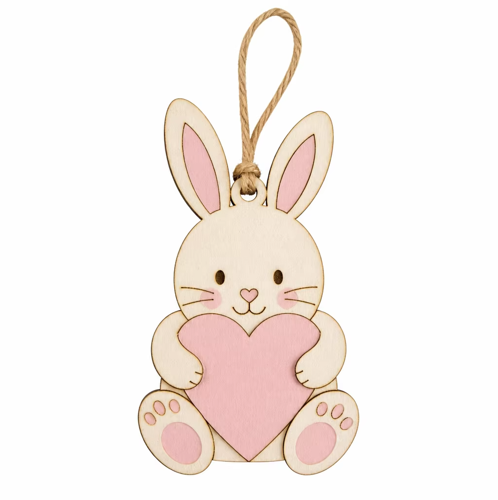 Wooden bunny hanging ornament holding a pink heart with jute loop - KRE-EAS-0024