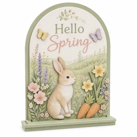 Hello Spring Meadow Bunny Wooden Tabletop Sign - KRA-EAS-20260025