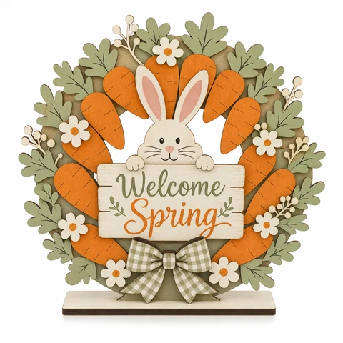 Welcome Spring Bunny Carrot Wreath Wooden Tabletop Decoration - KRA-EAS-20260030