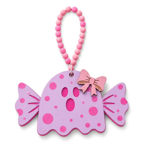 Pink Candy Halloween Wooden Hanging Ornament with Bead Loop - KRA-HAL-0059