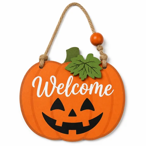 Welcome Jack-o'-Lantern Wooden Hanging Sign - KRA-HAL-0206