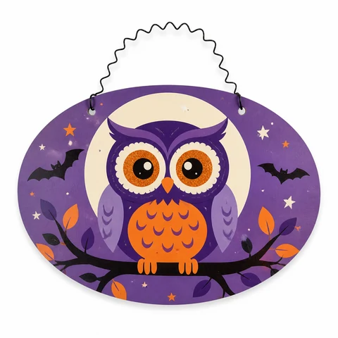 Halloween Owl Moon Wooden Hanging Sign - KRA-HAL-0299
