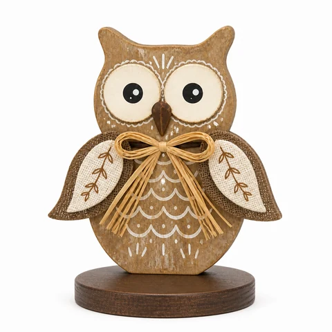 Rustic Owl Wooden Tabletop Decoration with Rope Bow - KRA-HAR-0112