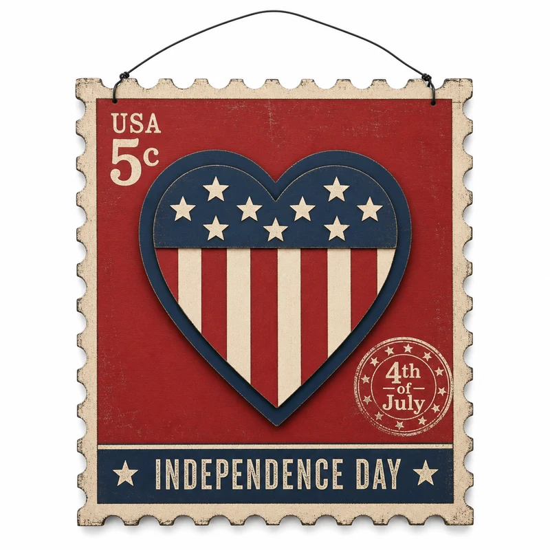Independence Day Heart Postage Stamp Wooden Hanging Sign - KRA-IND-20260003