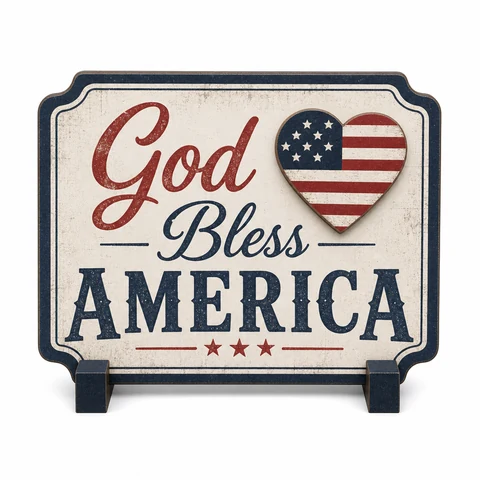 God Bless America Patriotic Wooden Tabletop Sign - KRA-IND-20260005