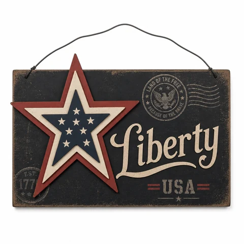 Liberty Star Patriotic Wooden Hanging Sign - KRA-IND-20260009