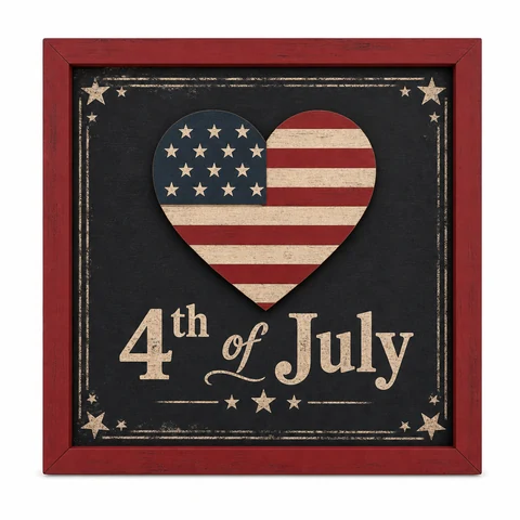 4th of July Flag Heart Framed Wooden Sign - KRA-IND-20260010