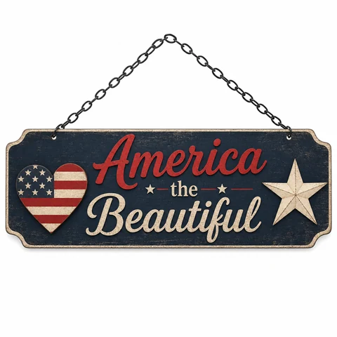America the Beautiful Patriotic Wooden Hanging Sign - KRA-IND-20260011