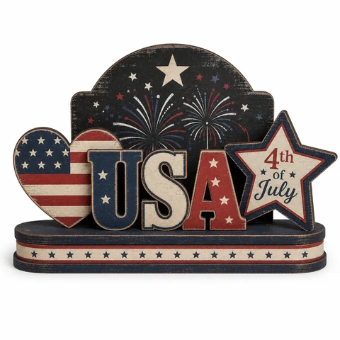 USA 4th of July Patriotic Wooden Tabletop Decoration - KRA-IND-20260015