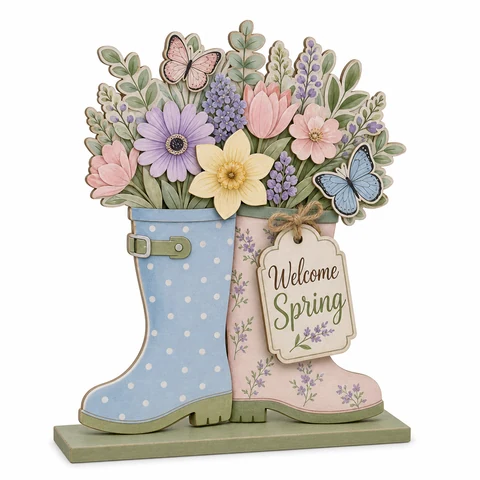 Spring Flower Boot Wooden Tabletop Decoration - KRA-SPR-20260004