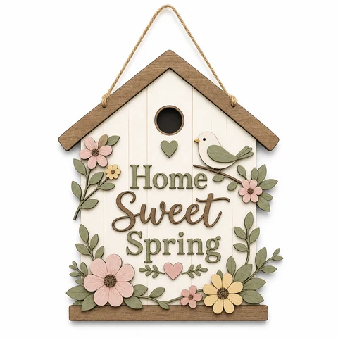 Home Sweet Spring Birdhouse Wooden Hanging Sign - KRA-SPR-20260005