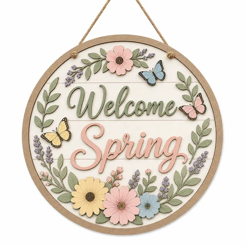Welcome Spring Butterfly Round Wooden Hanging Sign - KRA-SPR-20260008