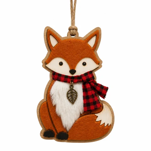 Christmas Fox Wooden Hanging Ornament with Plaid Scarf - KRA-XMAS-0009