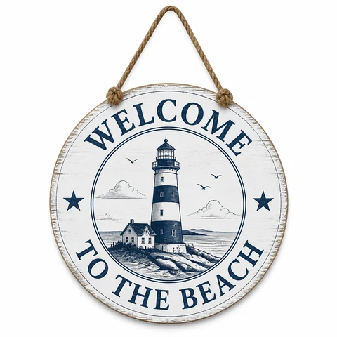 Welcome to the Beach Lighthouse Wooden Hanging Sign - KRE-MA-0084