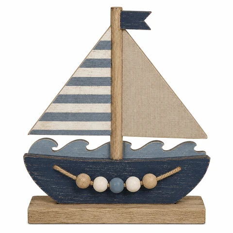 Coastal Wooden Sailboat Tabletop Decoration with Beads - KRE-MA-0134