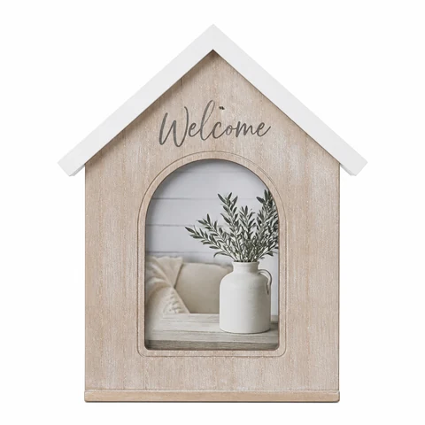 House-shaped wooden tabletop photo frame with Welcome text - KRE-EVD-0052